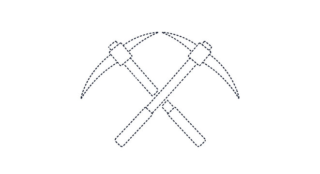 Dotted line illustration of two crossed pickaxes, perfect for children to practice tracing during a mining or construction themed activity.