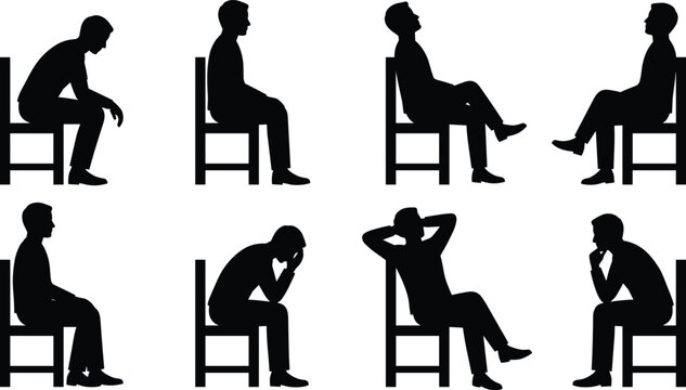 Male Sitting Posture Silhouette Collection Showing Different Emotions and Seated Body Language Vector Illustration Set