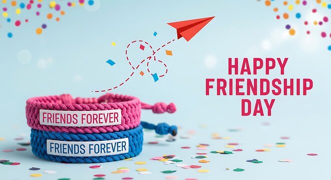 Friendship Day celebration with colorful bracelets and confetti