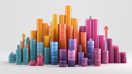 Fototapeta premium Profit analytics display, colorful financial columns, dynamic arrow growth motion, isolated white backdrop, 3D illustration. 