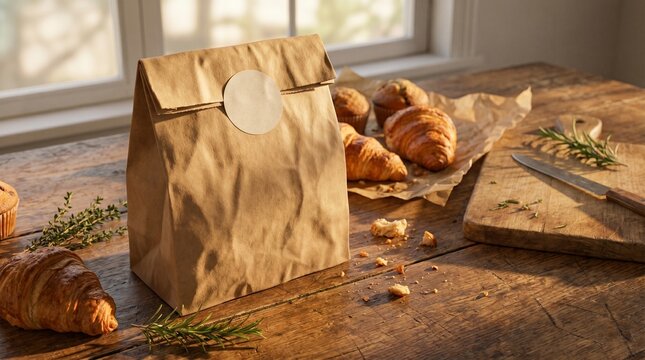 Rustic brown paper bag with delicious croissants and herbs on a wooden table, ideal for bakery or food branding