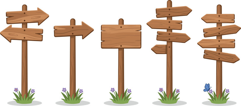 Rustic Wooden Directional Signpost Vector Set with Arrow Pointers, Blank Boards, Grass, and Flowers for Pathfinding and Wayfinding Map Designs