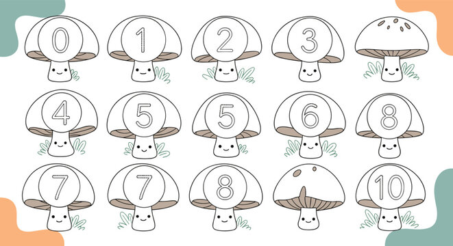 Educational mushroom counting worksheet for kids with numbers from zero to ten for early math skills and coloring fun activities.