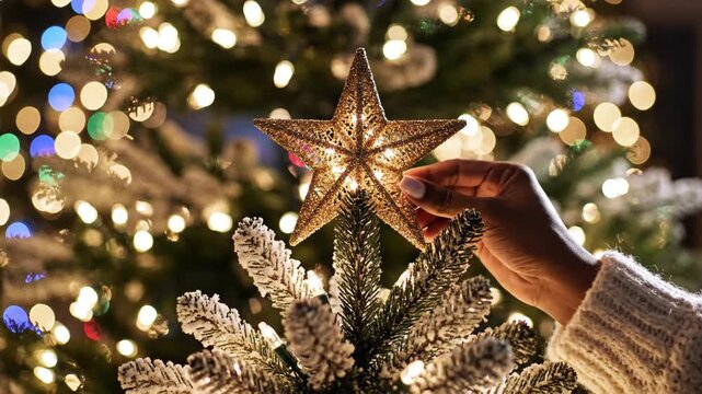 Woman's hand placing gold star topper on Christmas tree. Close-up of festive holiday decorating tradition with bokeh lights