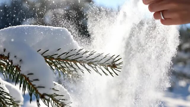 Woman's hand gently touches snow-covered evergreen branch. Close-up of person interacting with nature in winter forest