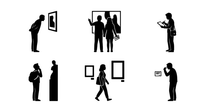 Museum Visitors, Art Gallery Icons, Silhouette People Viewing Exhibits, Cultural Events, Exhibition Scenes