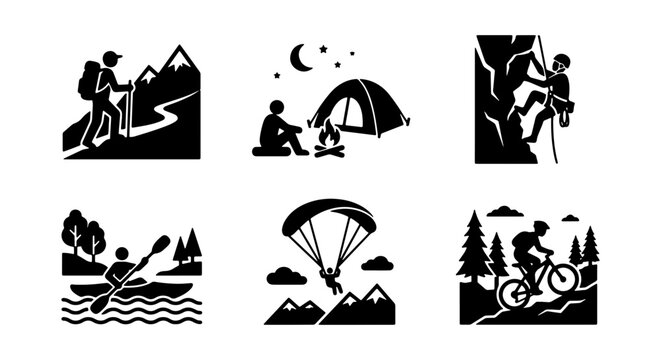 Outdoor Adventure Icons Set: Hiking, Camping, Climbing, Kayaking, Paragliding, Biking