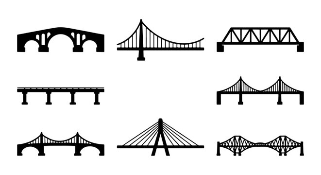 Diverse Bridge Silhouettes Collection, Architectural Structures, Engineering Icons, Cityscape Elements