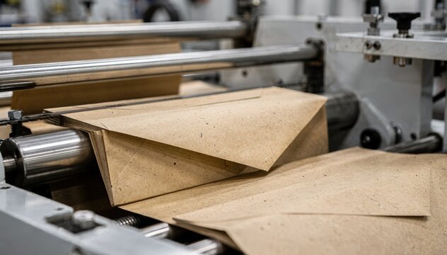 Medium shot of an automated envelope folding line rapidly producing kraft paper envelopes highlighting the textured natural fibers and industrial precision in motion.