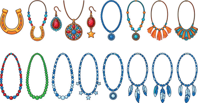 Hand Drawn Jewelry Icon Set with Necklaces, Earrings, Horseshoe Charms, and Beaded Strands for Fashion Design, Crafting, and Accessory Graphics