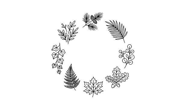 Minimal botanical foliage outline icon collection with thin line leaves trees and natural plant vectors