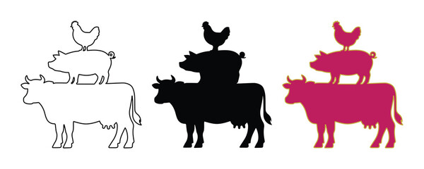 Farm animal stack silhouettes, cow pig and chicken butcher shop icons, rustic livestock vector set in black outline and pink colors © Hinaa