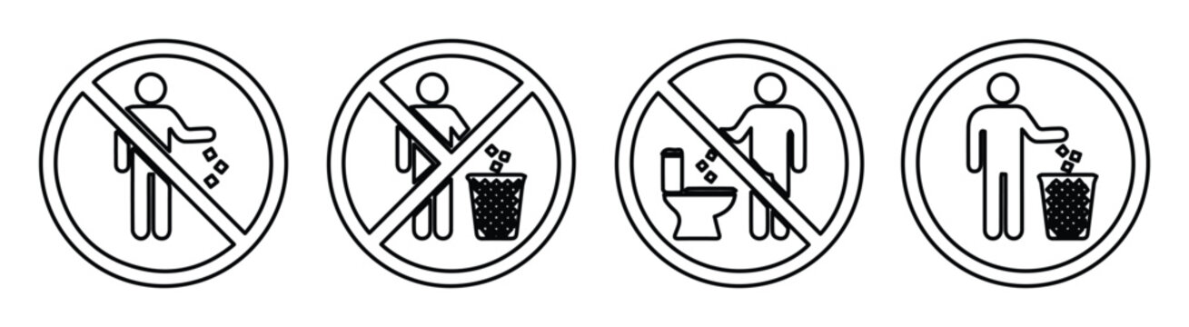 Minimalist no littering sign set, 4 prohibition icons for waste disposal, black line vector symbols for public hygiene and environmental protection