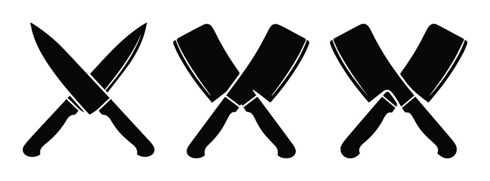 Butcher knife and meat cleaver crossed icons, black silhouette kitchen cutlery set, professional chef tools for restaurant branding and steakhouse logos