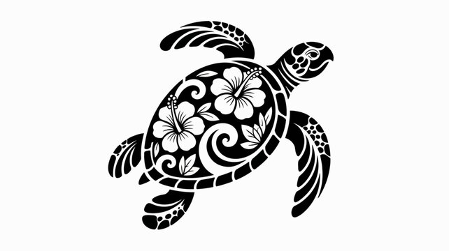 Polynesian tribal sea turtle vector, black and white hibiscus flower turtle silhouette, tropical marine animal tattoo design, hawaiian honu art