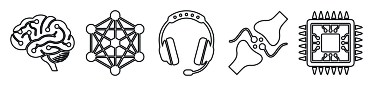 Artificial intelligence line icons set, neural network and brain technology symbols, digital processor and synapse vector illustrations for tech UI