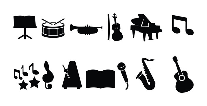 Musical instrument silhouette icons set, black orchestral and band equipment vector symbols, classical music performance and education graphics