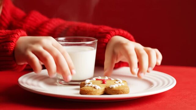 Child's hands placing gingerbread man cookie on plate with milk. Festive Christmas holiday treat on red background. Winter season snack and tradition