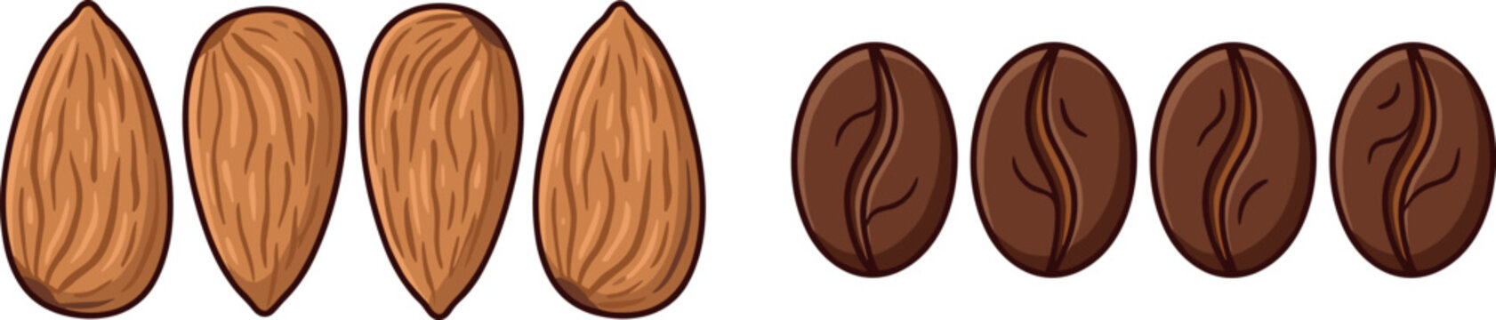 Almond Nuts and Roasted Coffee Beans Row Set for Organic Food Packaging and Cafe Menu Border Designs
