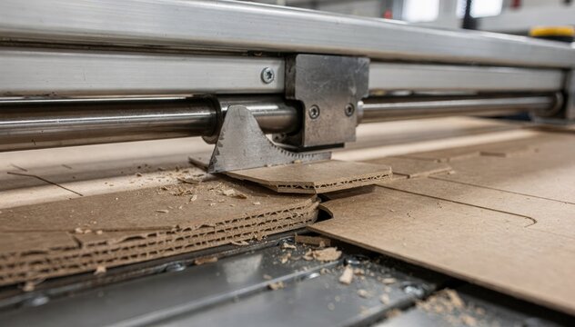 Closeup of diecutting machine shaping thick chipboard covers and dividers with precision highlighting industrial cutting process on a factory line.