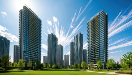Obraz premium Modern Skyscrapers Rise Above Lush Green Park under Bright Blue Sky
