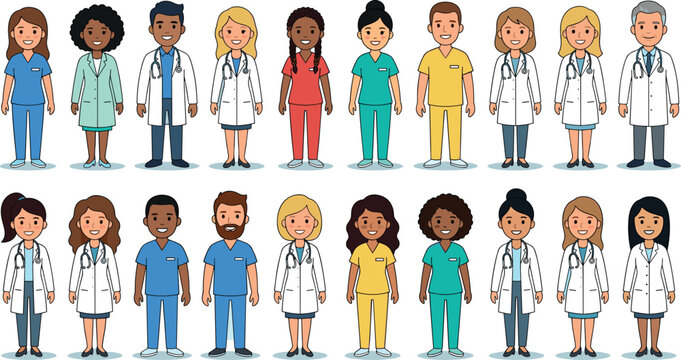 Large Medical Team Avatar Bundle with Diverse Doctors and Nurses Wearing Colorful Scrubs and Lab Coats Vector Designs