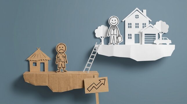Paper cut-out art shows a sad person on cardboard near a ladder leading to a floating island with a rich person and house. It conveys social mobility and economic barriers.