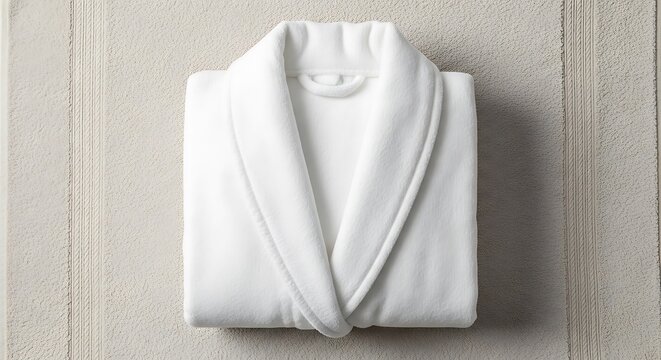 A soft white cotton bathrobe neatly folded and placed on a wooden surface for a spa hotel lifestyle. bathrobe folded