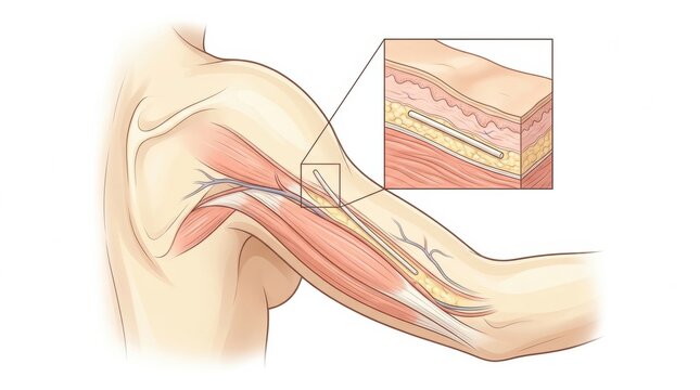 Illustration displays subdermal implant placement in human arm, highlighting muscles and nerves, created for gynecology and womens health reference.
