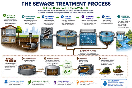 3D Sewage Treatment Process Infographic Showing Wastewater Purification System