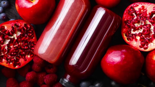 Refreshing red fruit or vegetable smoothie juice in two glass bottles