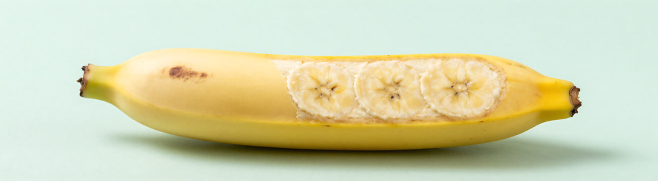 lengthwise halved banana lies soft pastel mint background illuminated gentle overhead natural light emphasizing