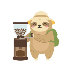 Fototapeta premium Sloth Character Using Manual Coffee Grinder, Flat Vector Barista Life Illustration