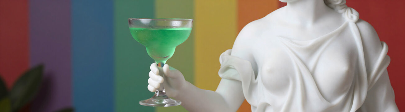 white marble sculpture aphrodite holding frosted glass containing bright green cocktail set vibrant