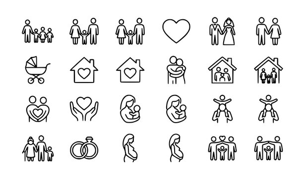 Family Relationship and Parenting Outline Black and White Vector Icon Collection