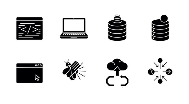 Set of development and coding icons on transparent background