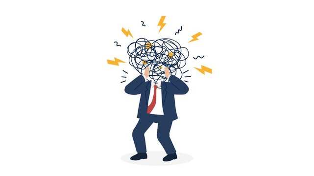 Businessman Struggling With Mental Health Flat Design Animation. Cartoon professional Male overwhelmed by chaotic thoughts and emotional pressure.  head with tangled scribble lines . Mental struggle 