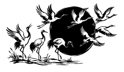Fototapeta premium Japanese ink wash crane illustration with black sun traditional bird vector art