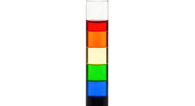 A laboratory test tube filled with colorful liquids on a white background
