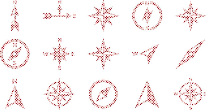 Pixel art compass vector icons, retro navigation symbols, vintage map direction elements, classic travel adventure graphics set isolated PNG with Transparent Background