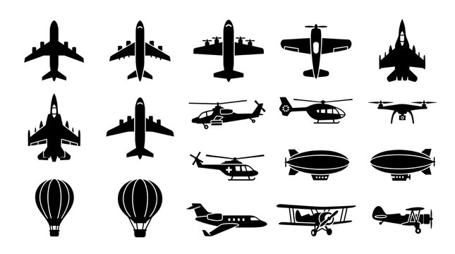 Black silhouette graphics of biplanes, passenger jets, blimps, transport helicopters, military aircrafts, and hot air balloons isolated on white background.