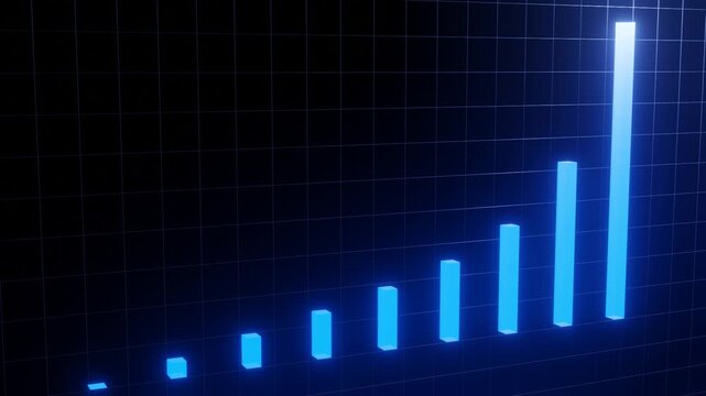 3D growth bar graph with glowing blue neon blocks on a grid background