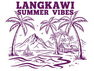 Fototapeta premium Langkawi summer vibes vector graphic design for poster. Happy holiday. Welcome to summer paradise design. Palm tree sketch. Dream eco beach resort.