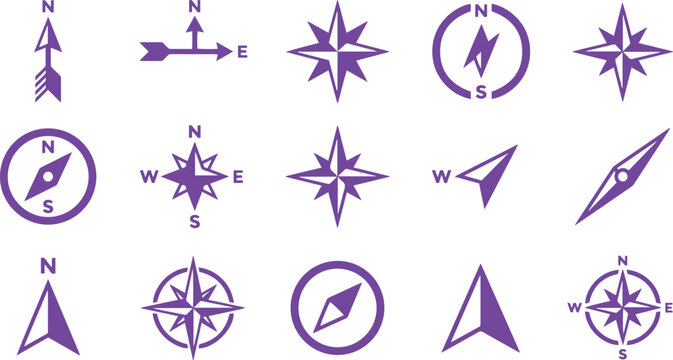 Directional compass rose vector icons, navigation and orientation symbols, purple arrow and star-shaped compass points, travel and exploration graphics isolated PNG with Transparent Background