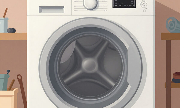 shot washing machine heating element illuminated soft overhead lighting positioned cluttered workshop