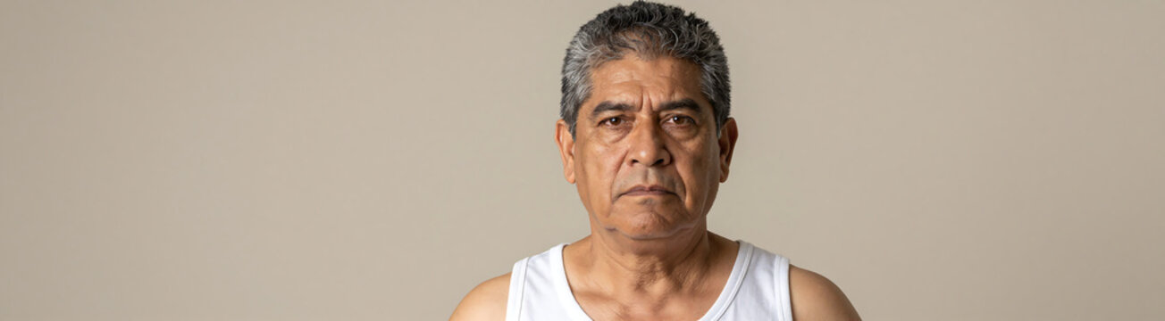 latino male graying hair stern expression wears plain white tank top neutral background warm soft focus