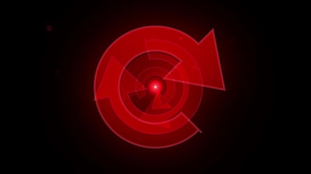 Red animated arrows forming a circular pattern with glowing particles on a black background, symbolizing digital data flow and technology.