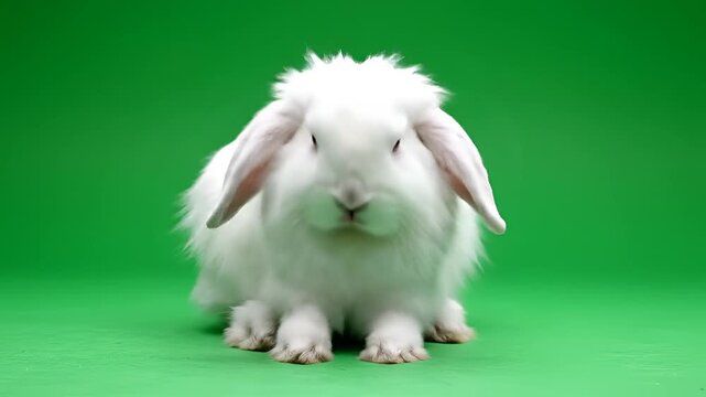 Adorable White Bunny Rabbit Poses on Green Screen Background.
