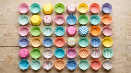 Fototapeta premium Colorful patterned cupcake liners arranged in a grid on a rustic wooden background with copy space