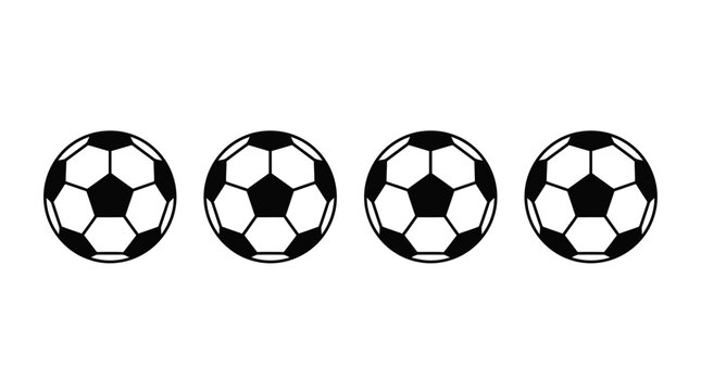 Four stylized black and white soccer balls arranged in a row, isolated on a white background, perfect for sports-themed designs
